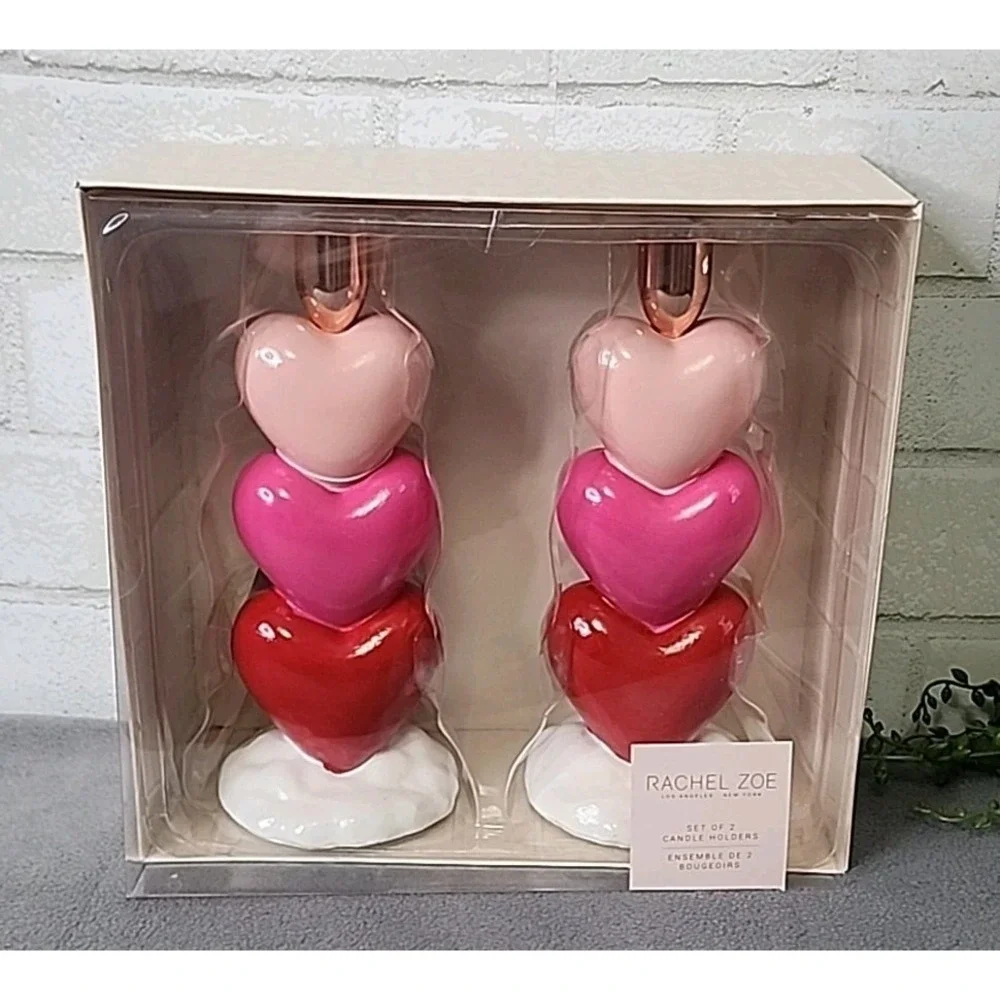 Rachel Zoe Set of 2 Stacked‎ Hearts Pink Red Candle Holders Valentines 8.5